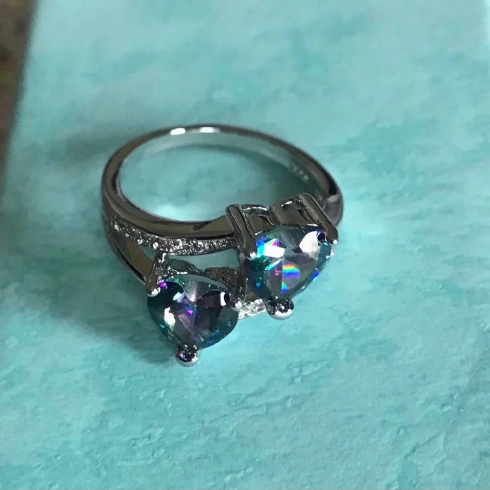 Sterling Silver Heart Double-Stone Mystic Topaz Ring in Iridescent Blue-Green